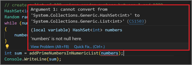 Screenshot showing a compilation error in Visual Studio Code.