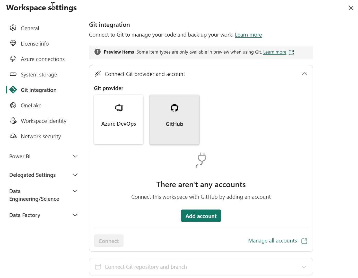 Screenshot of workspace to Git provider connection interface.