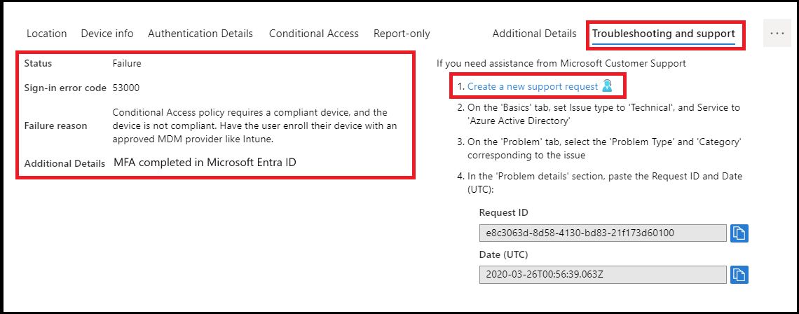 Screenshot of The Troubleshooting and support tab of the Sign-in event. Wizard helps fix issues.