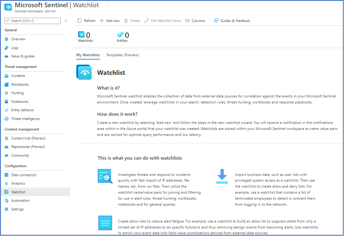 Screen shot of creating a Microsoft Sentinel Watchlist List.