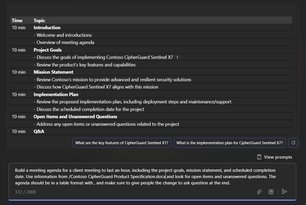 Screenshot the crafted prompt results against the sample document using Copilot Chat in Teams.