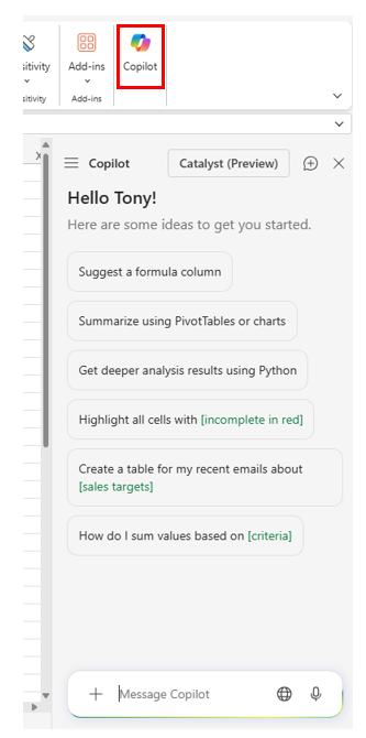 Screenshot of the Copilot pane in Excel that provides various starter prompts.