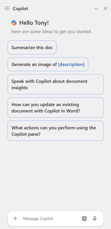Screenshot showing the Copilot pane in Microsoft Word.