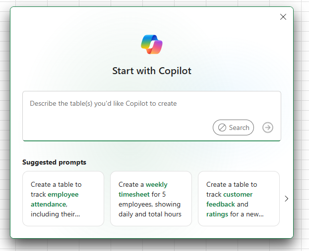 Screenshot of the Start with Copilot window that appears on a new spreadsheet.