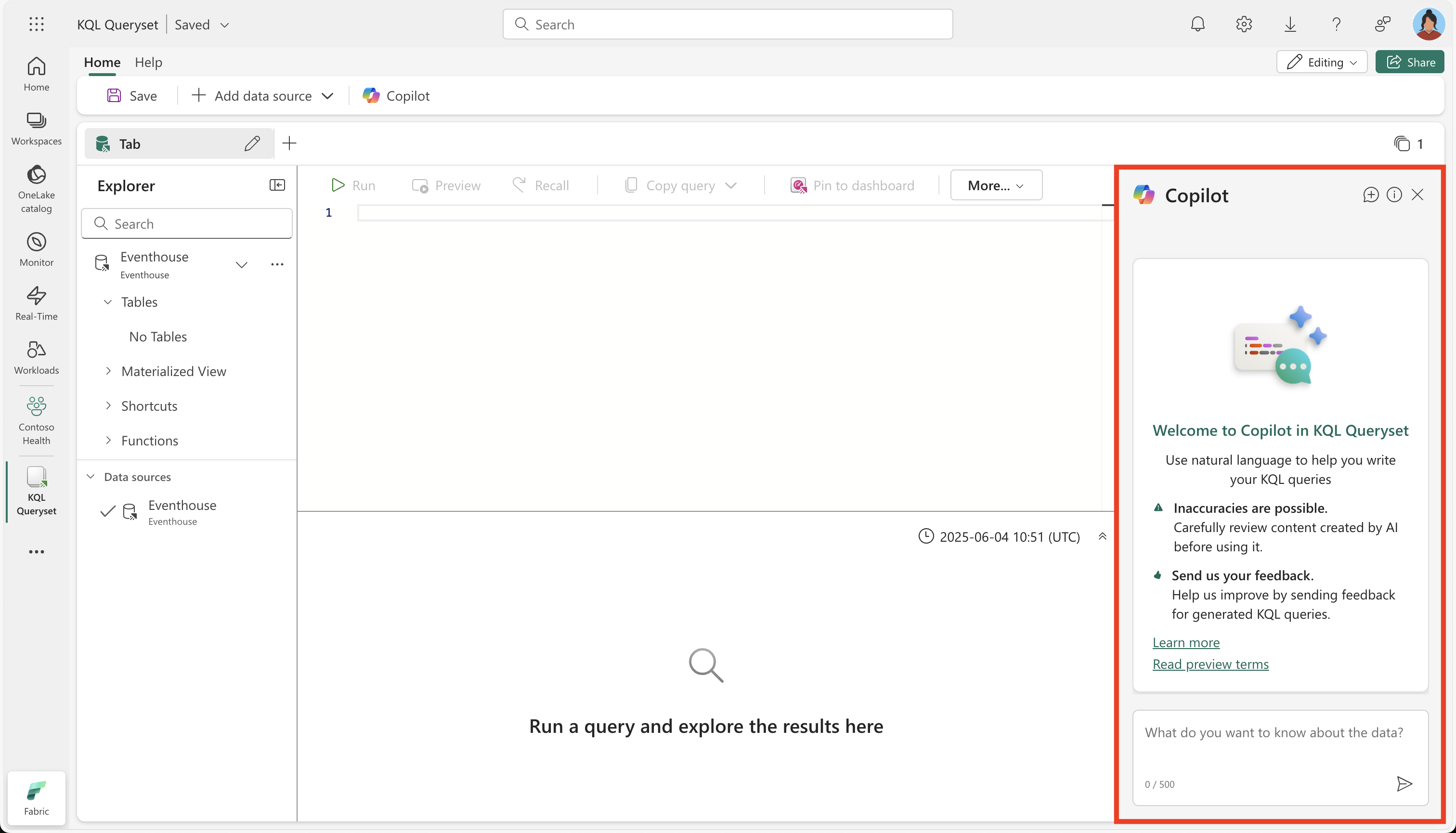 Screenshot of copilot in a Fabric KQL queryset Editor.