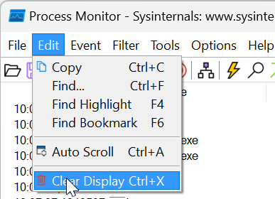 Screenshot of Process Monitor with the Clear Display option highlighted.