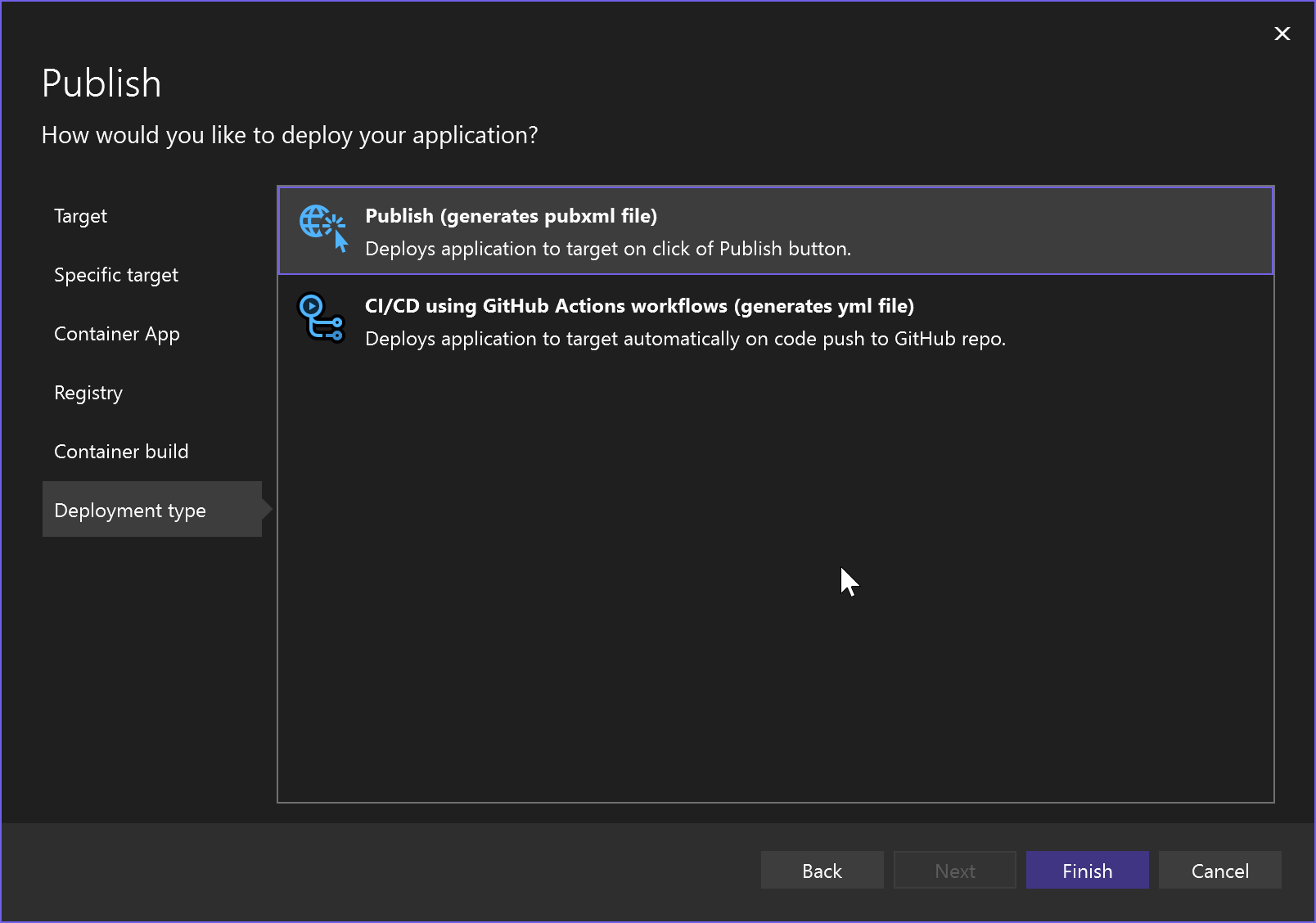 Screenshot showing choosing the deployment type, with the option to publish to a pubxml file selected.