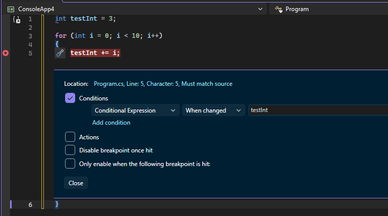 Breakpoint When changed Screenshot that shows a When changed breakpoint.