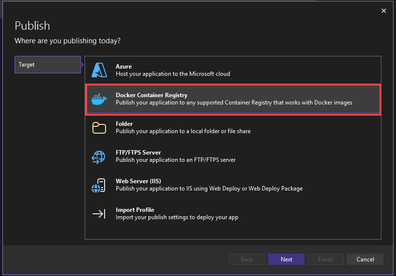 Screenshot showing the Publish wizard, with Publish to Docker Container Registry highlighted.