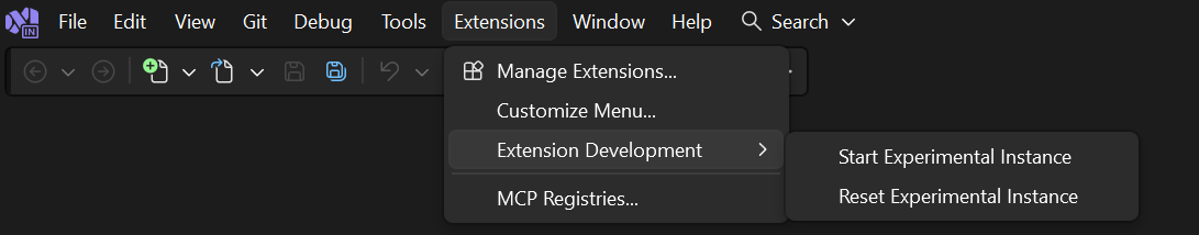 Menu commands to reset or start the experimental instance of Visual Studio.
