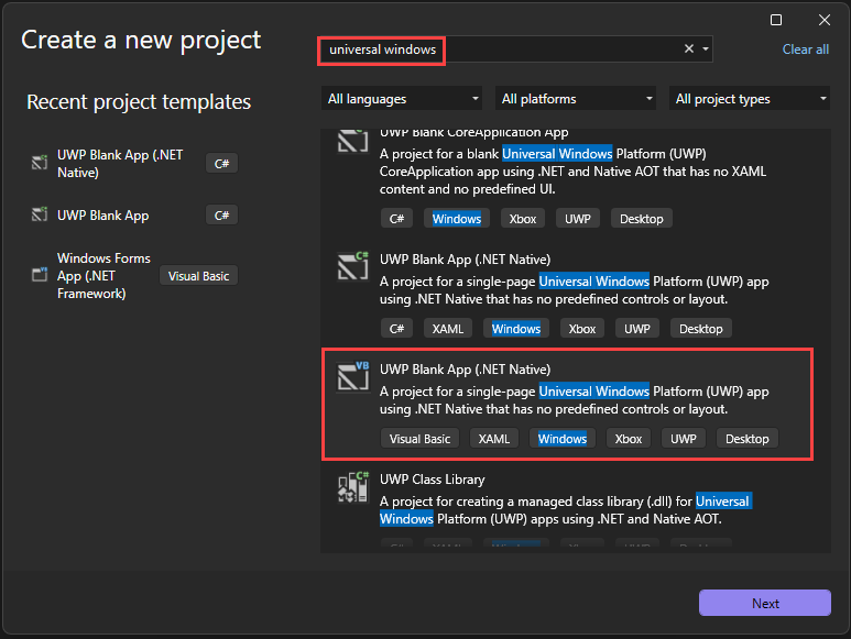 Screenshot of the 'Create a new project' dialog box with 'Universal Windows' entered in the search box, and the 'UWP Blank App (.NET Native)' project template highlighted.
