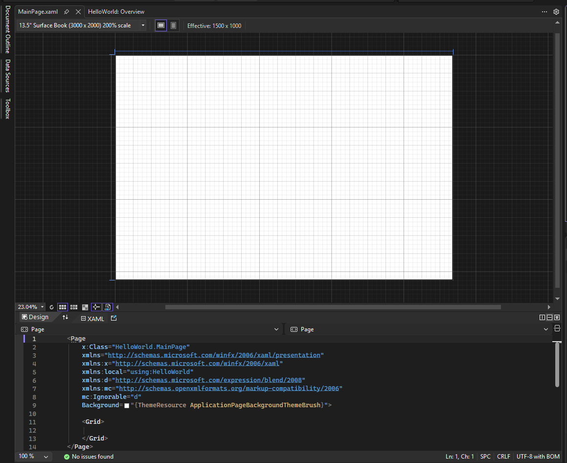 Screenshot showing MainPage.xaml open in the Visual Studio IDE. The XAML Designer pane shows a blank design surface and the XAML Editor pane shows some of the XAML code.