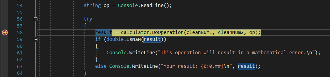 Screenshot that shows hitting a breakpoint.