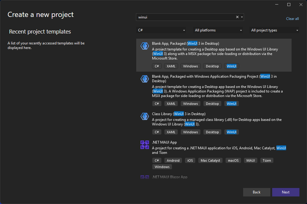 Screenshot of the 'Create a new project' dialog in Visual Studio 2022 with 'WinUI' entered in the search box, and the WinUI Blank App (Packaged) project template highlighted.