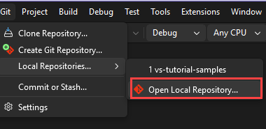 Screenshot of the Git menu in Visual Studio with the Local Repository and Open Local Repository showing.