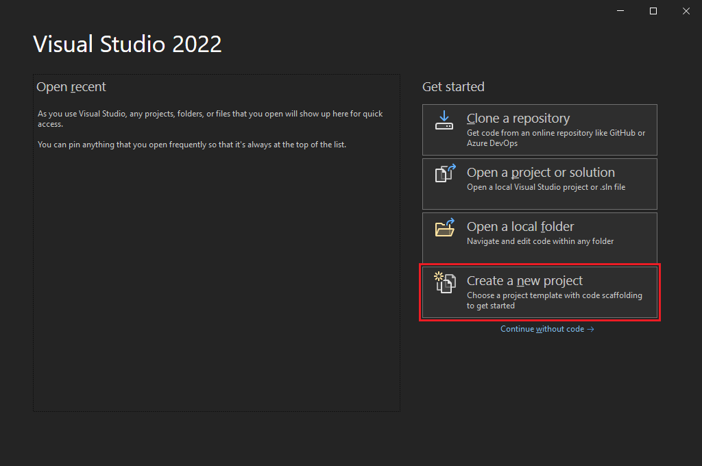 Screenshot of the Visual Studio 2022 start menu with Create a new project selected.