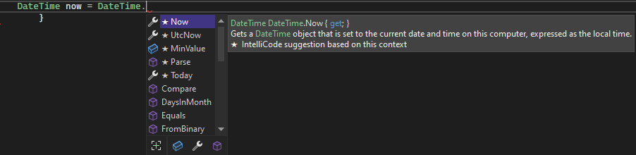 Screenshot that shows an IntelliSense member list in Visual Studio 2022.