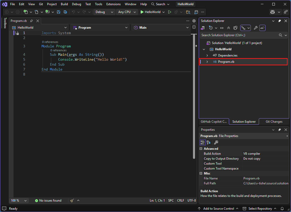 Screenshot that shows the Visual Studio IDE with the Program.vb code in the editor.