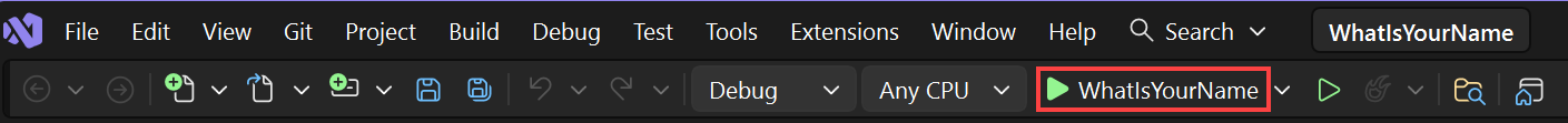 Screenshot showing the 'What Is Your Name' button highlighted in the Visual Studio toolbar.