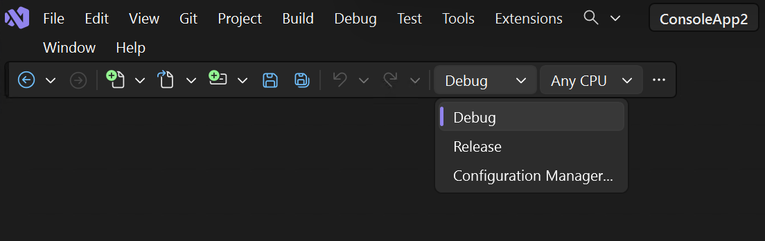 Screenshot of the Build configuration picker in Visual Studio.