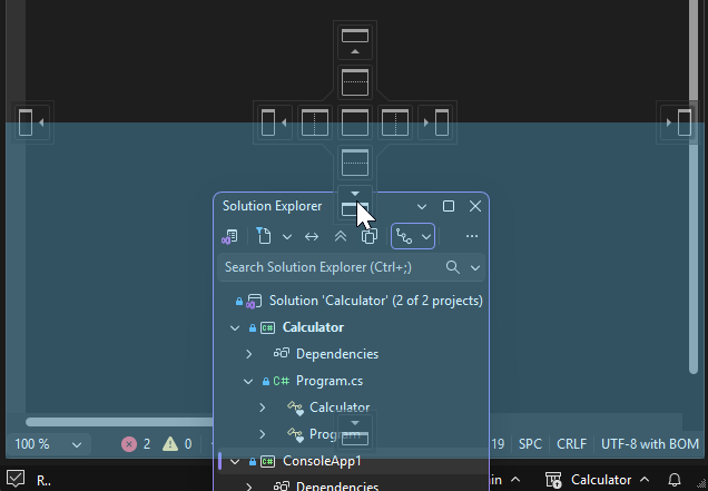 Screenshot of what appears in the IDE when you want to dock Solution Explorer in a new position.