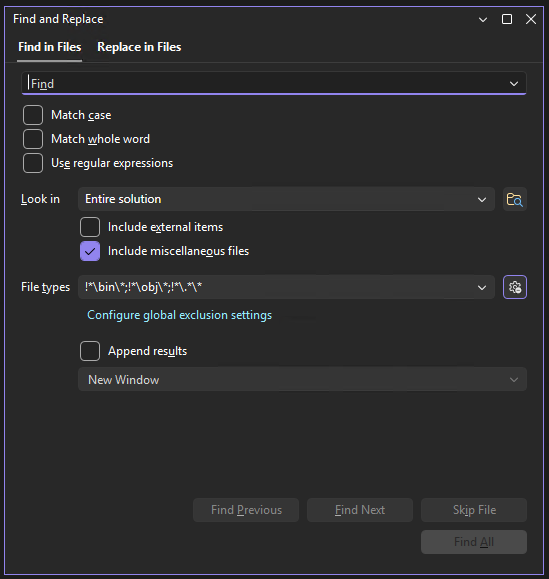 Screenshot of the Find and Replace dialog box in Visual Studio, with the Find in Files tab open.