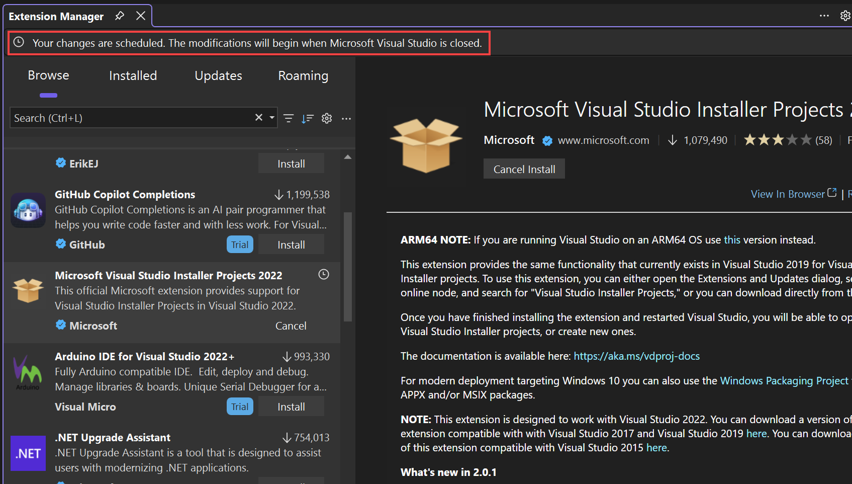 Screenshot showing the notification in Extension Manager stating that changes are scheduled.