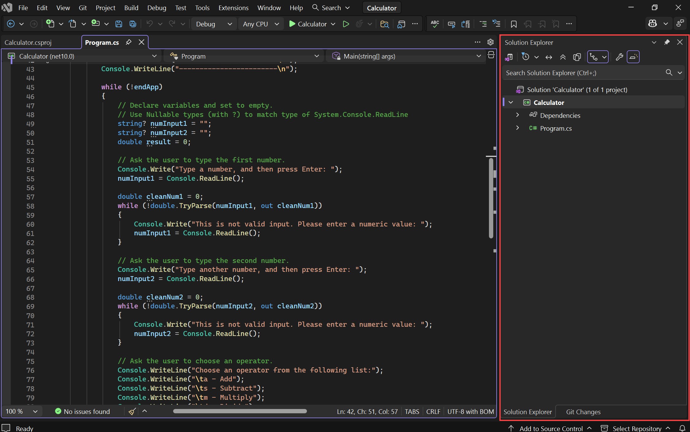 Screenshot of the Visual Studio IDE that shows where Solution Explorer is positioned.