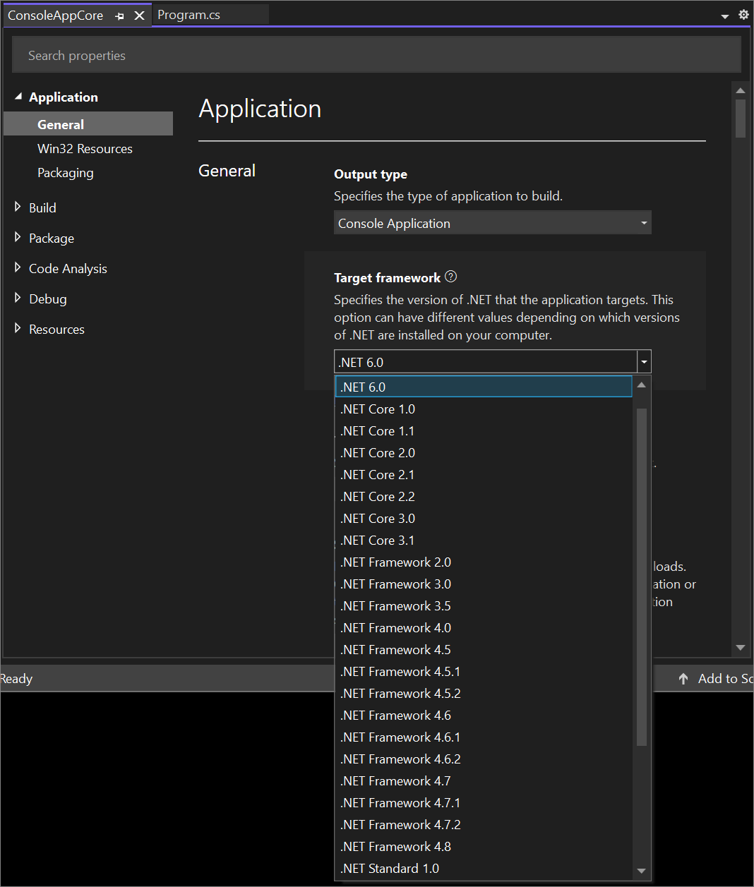 Screenshot of the target framework versions for a .NET project in Visual Studio 2022.