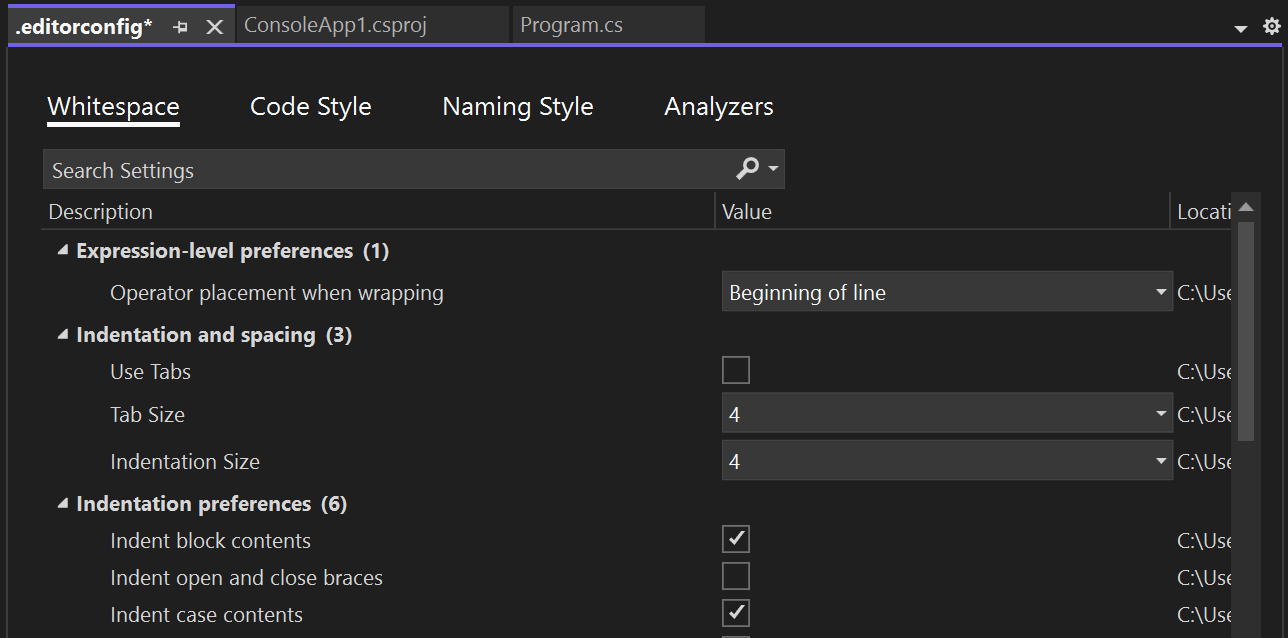 Screenshot that shows the .editorconfig file.
