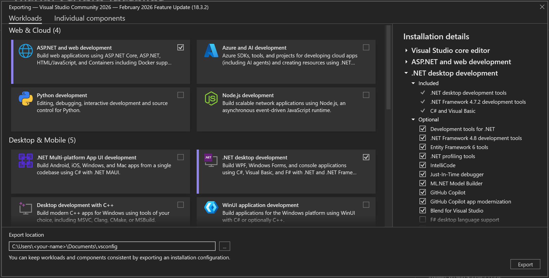 Screenshot of the Export Window.