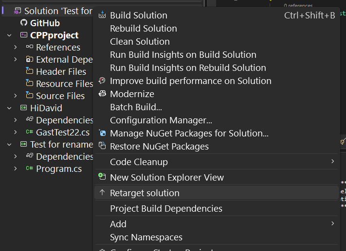 Screenshot showing the Retarget solution command in the solution context menu.