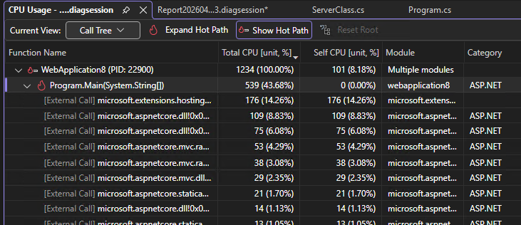 Hot path in the call tree Screenshot that shows the hot path in the call tree.