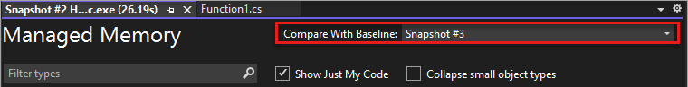 Screenshot of the Compare To dropdown list in a Memory Usage report, showing available snapshots for comparison.