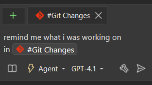 Screenshot of Copilot Chat input field with a prompt using the #changes reference to analyze uncommitted changes