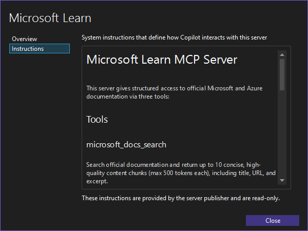 MCP server instructions window in Visual Studio