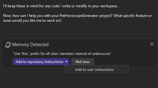Preference detected notification showing options to save memories to user or repo level instructions