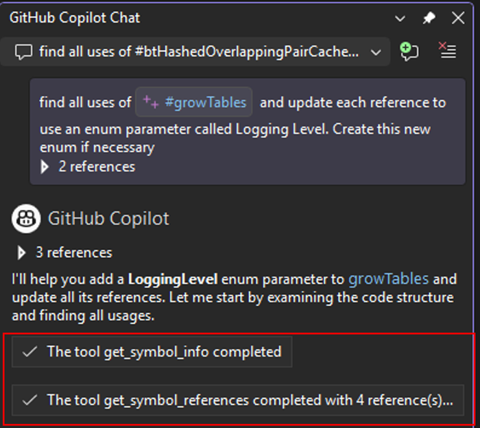 Copilot using C++ tools to analyze and modify code across multiple files
