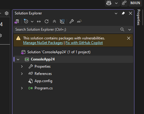 Screenshot showing the Fix with Copilot notification link below a NuGet package with a vulnerability warning in Solution Explorer