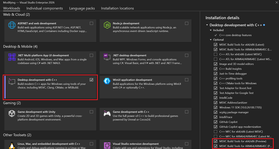 MSVC v14.51 under the Desktop development with C++ workload