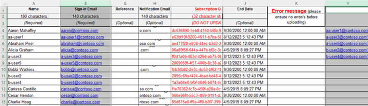 Screenshot of the bulk edit template that shows the columns for all users with the users you want to delete selected. Select both user columns