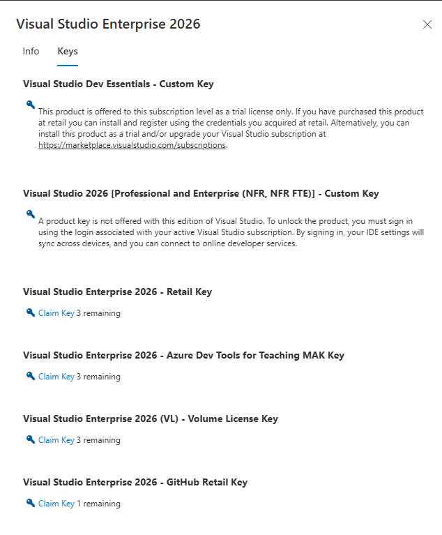 Screenshot of the Visual Studio Enterprise 2026 product details page with the Keys tab selected. Visual Studio 2026 product keys