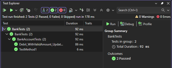 Test Explorer in Visual Studio 2019 showing passed test