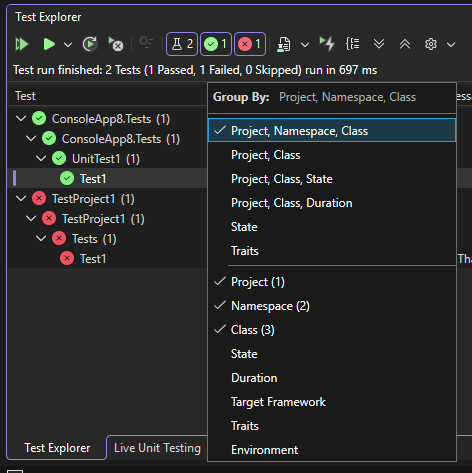 Screenshot showing selections for grouping tests by category in Test Explorer.