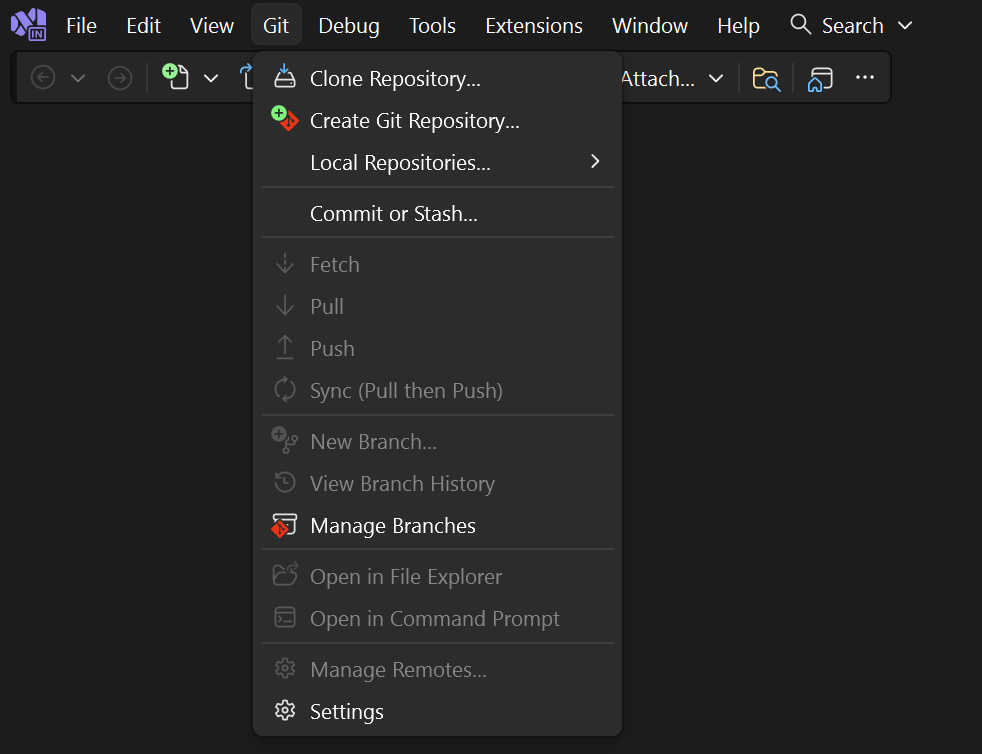 Screenshot that shows the full Clone Repository option from the Git menu in Visual Studio.