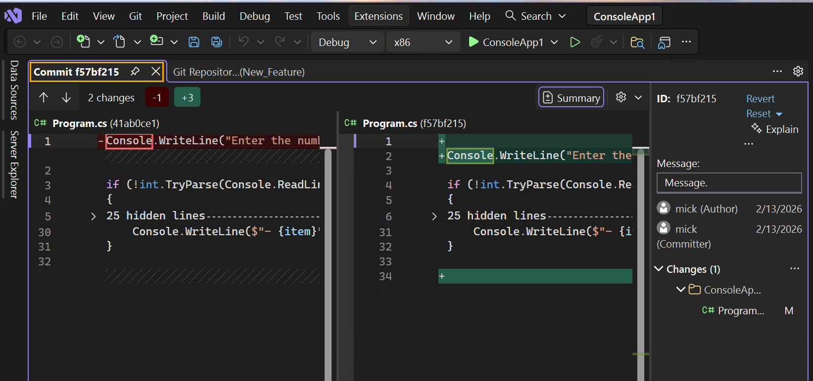 Screenshot of the tab for commit details.