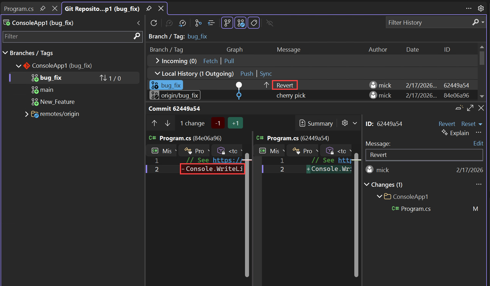 Screenshot of confirming a revert operation.