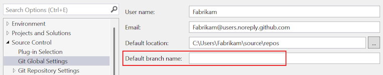 Screenshot of the 'Default branch name' option in the Options dialog.