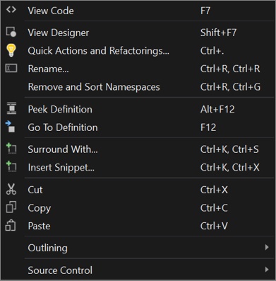 Screenshot of the XAML code editor's right-click context menu in Visual Studio.