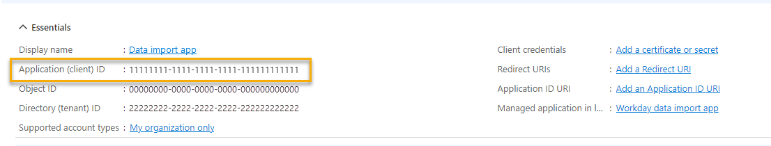 Screenshot that shows the ID and certificate/secret pane in Azure.